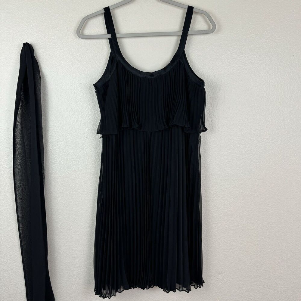White House Black Market Pleated Chiffon Knee Length Dress Satin Trim Black 10 - Picture 10 of 16
